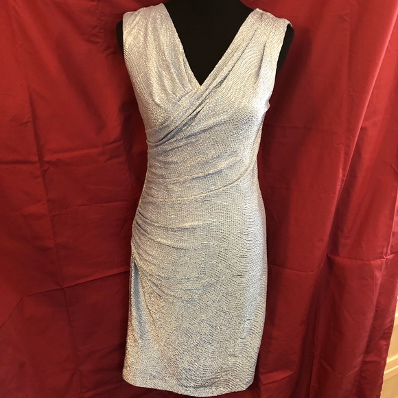 Cache Dresses & Skirts - Cache stretch silvery v-neck ruched dress